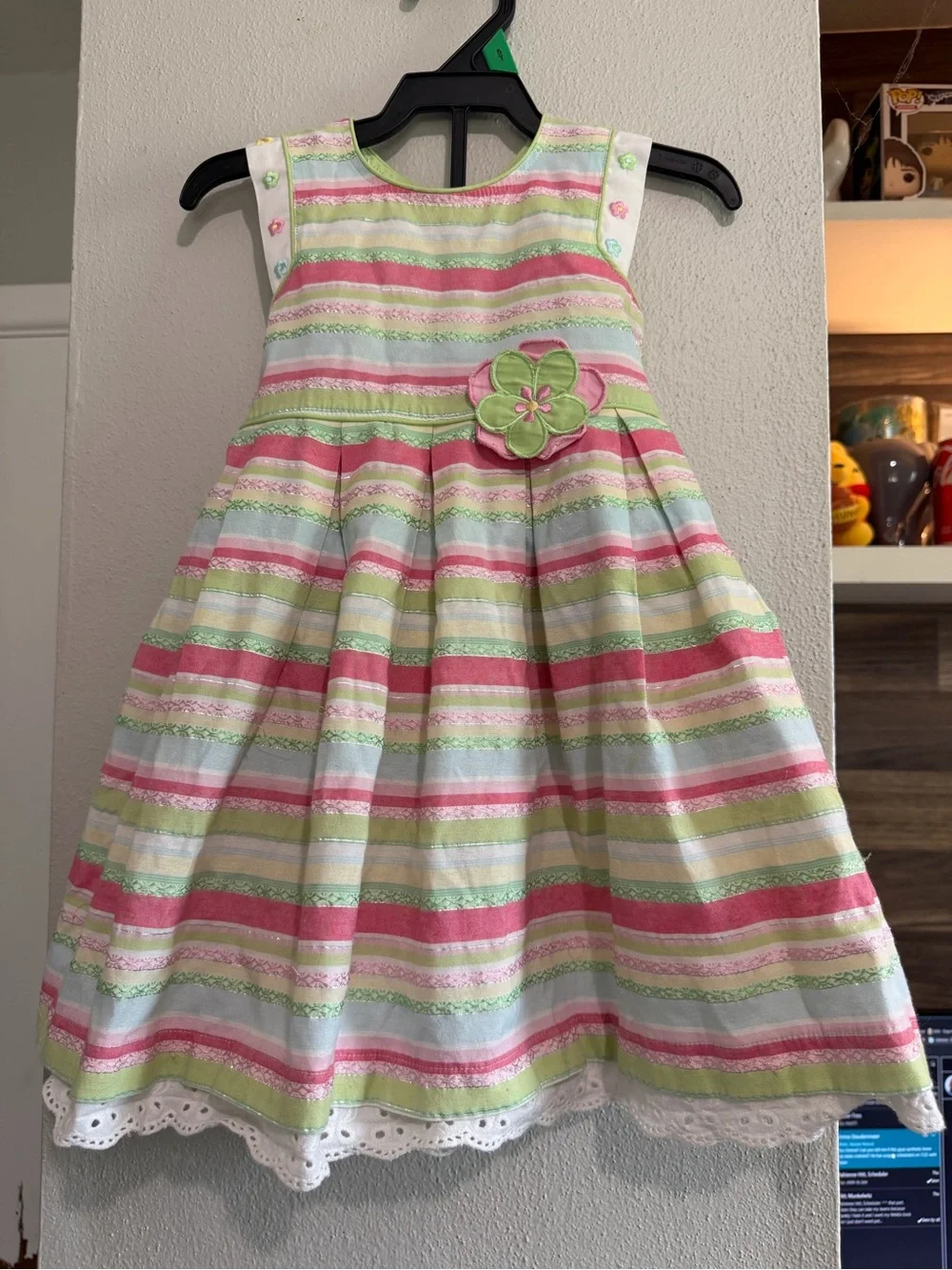 Blueberi Boulevard Girls Dress Size 3T White Pink & Green Lace Trim Pleated